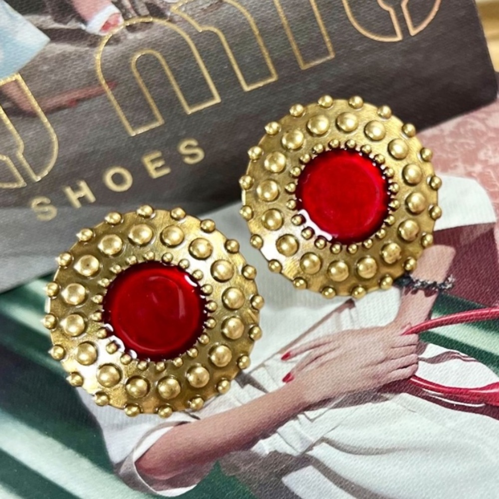 Miu Miu Gold & Red Enamel Textured Clip-On Earrings